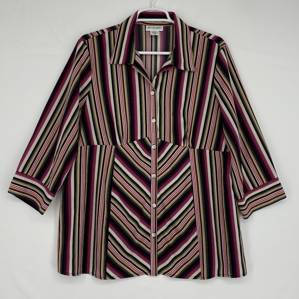 Motherhood Maternity Size XL Button Front Shirt Blouse Purple Tan Beige Stripe